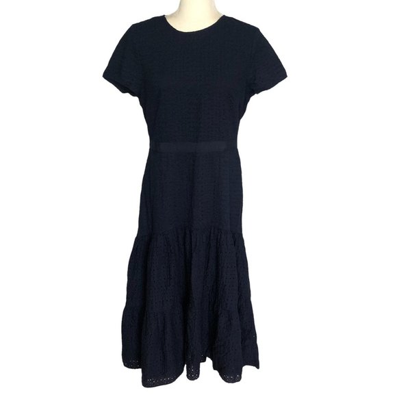 Banana Republic Dress Navy Eyelet Lace Short Sleeve Midi Tiered Womens Size 12 P - Picture 2 of 11